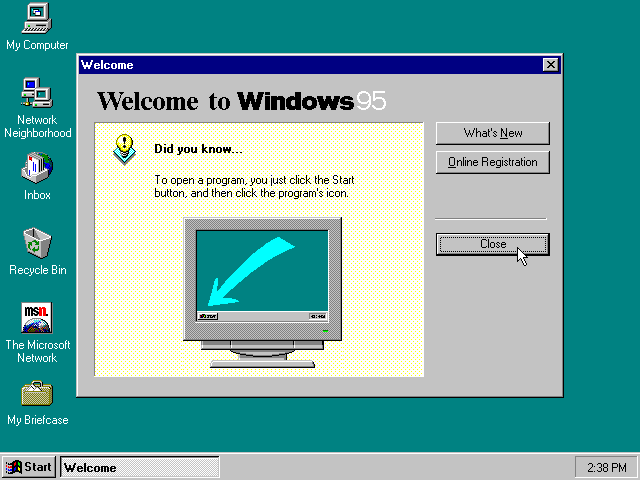 Windows 95 at first run. The desktop is shown with the default wallpaper and icons.