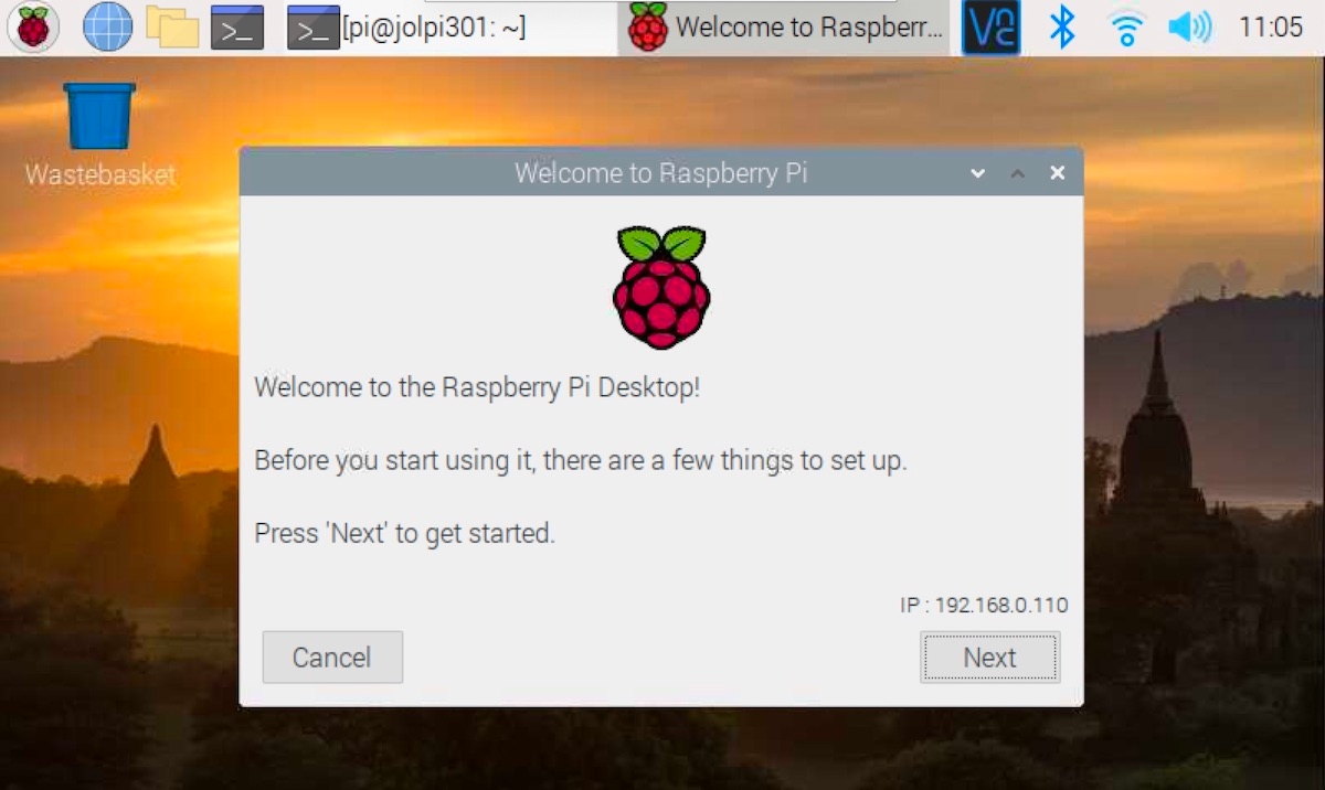 Raspberry Pi desktop shown with the welcome wizard.
