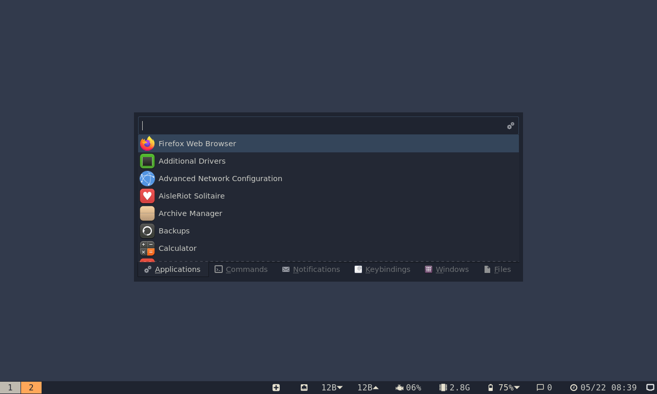 The barebones Regolith desktop environment— configured with the i3 tiling window manager, the i3 status bar, and the ilia launcher.