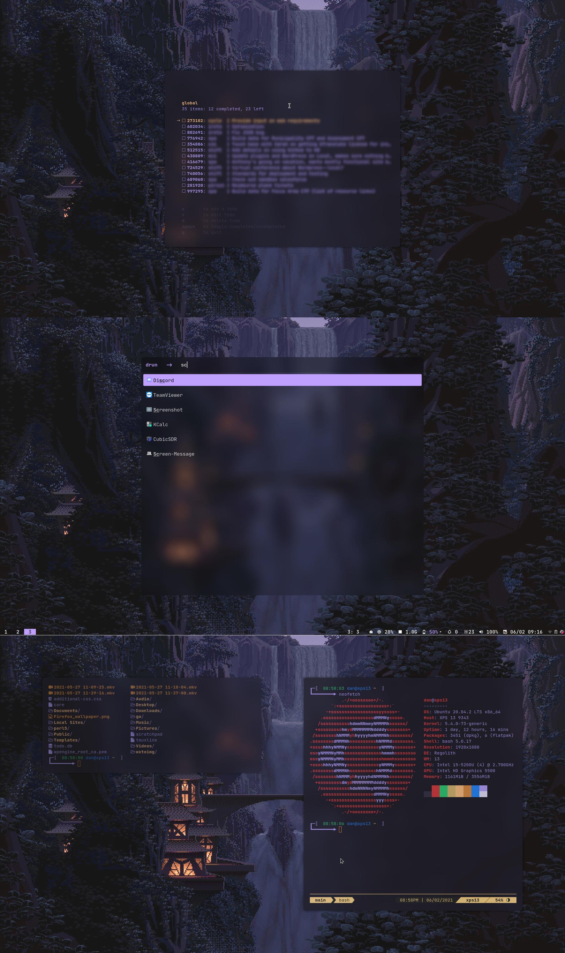 Screenshots of my RICE'd Regolith desktop environment that I posted on r/unixporn in 2021.
