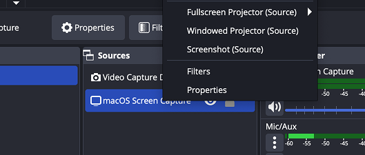 Screenshot showing the resulting menu when right-clicking on a 'video capture device' in OBS. The 'Filters' option is one up from the bottom of the list.