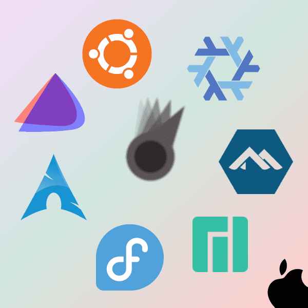 A spinner flips around a circle of the logos of Linux distributions. The Mac OS logo peaks out from a corner.