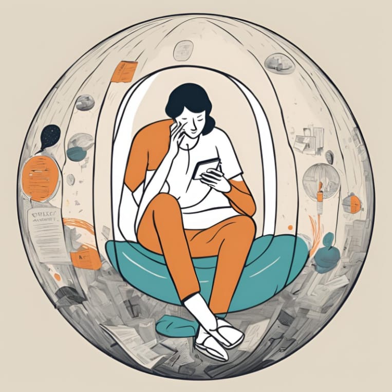 An illustrated person inside of a bubble, on their cell phone. There are words coming out and bouncing back at the person.