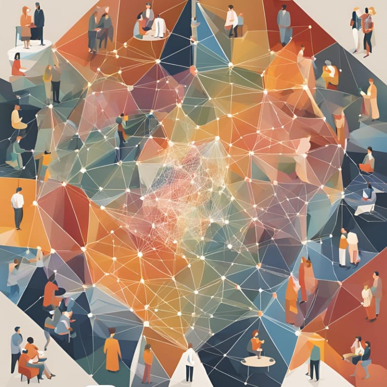 A network of people, information, and culture visualized as a faceted tapestry.