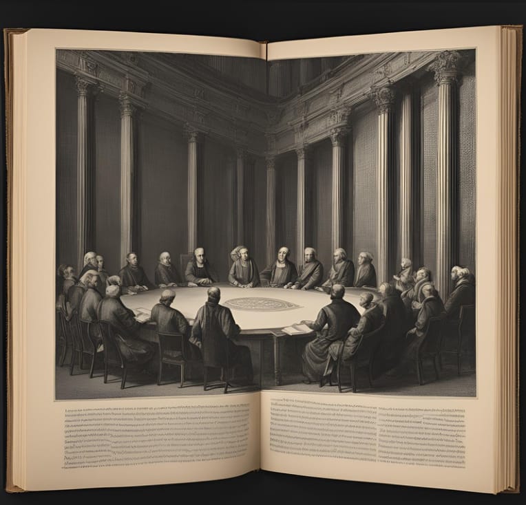 A council of people sitting in a chamber, visualized through the pages of a book as a frame.