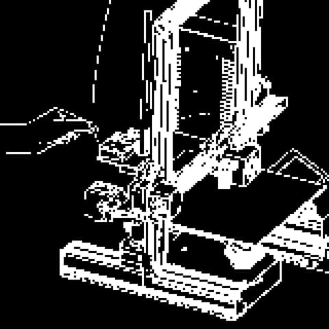 Pixelated black and white image of a diagram with a hand inserting filament into the hotend of a Creality Ender 3 Pro.