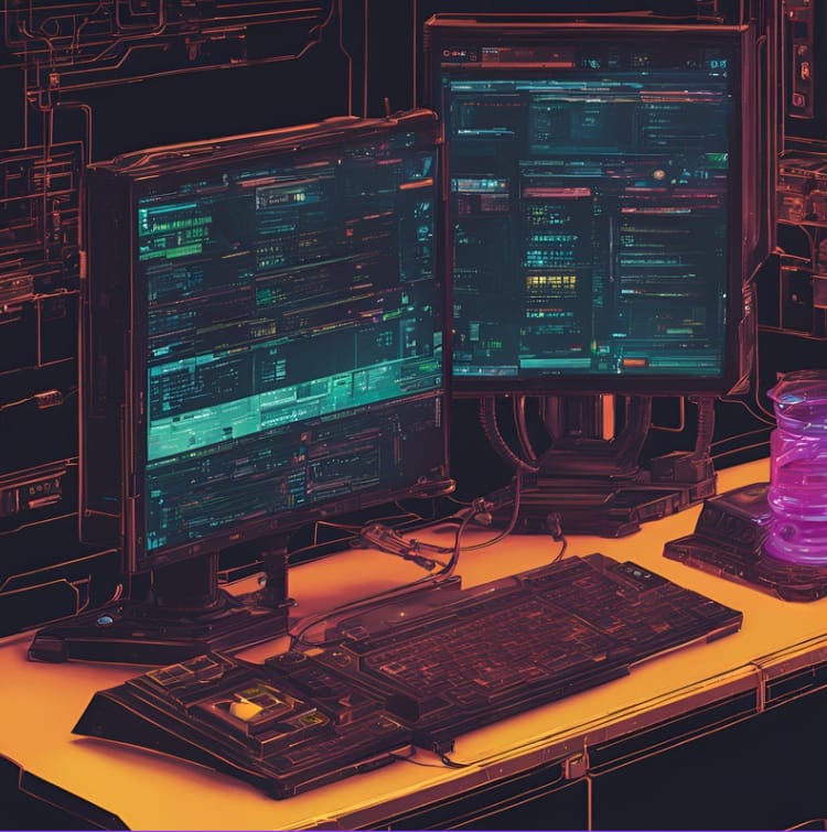 Two screens on a desk, featuring cyberpunk terminals in an anime illustration style.