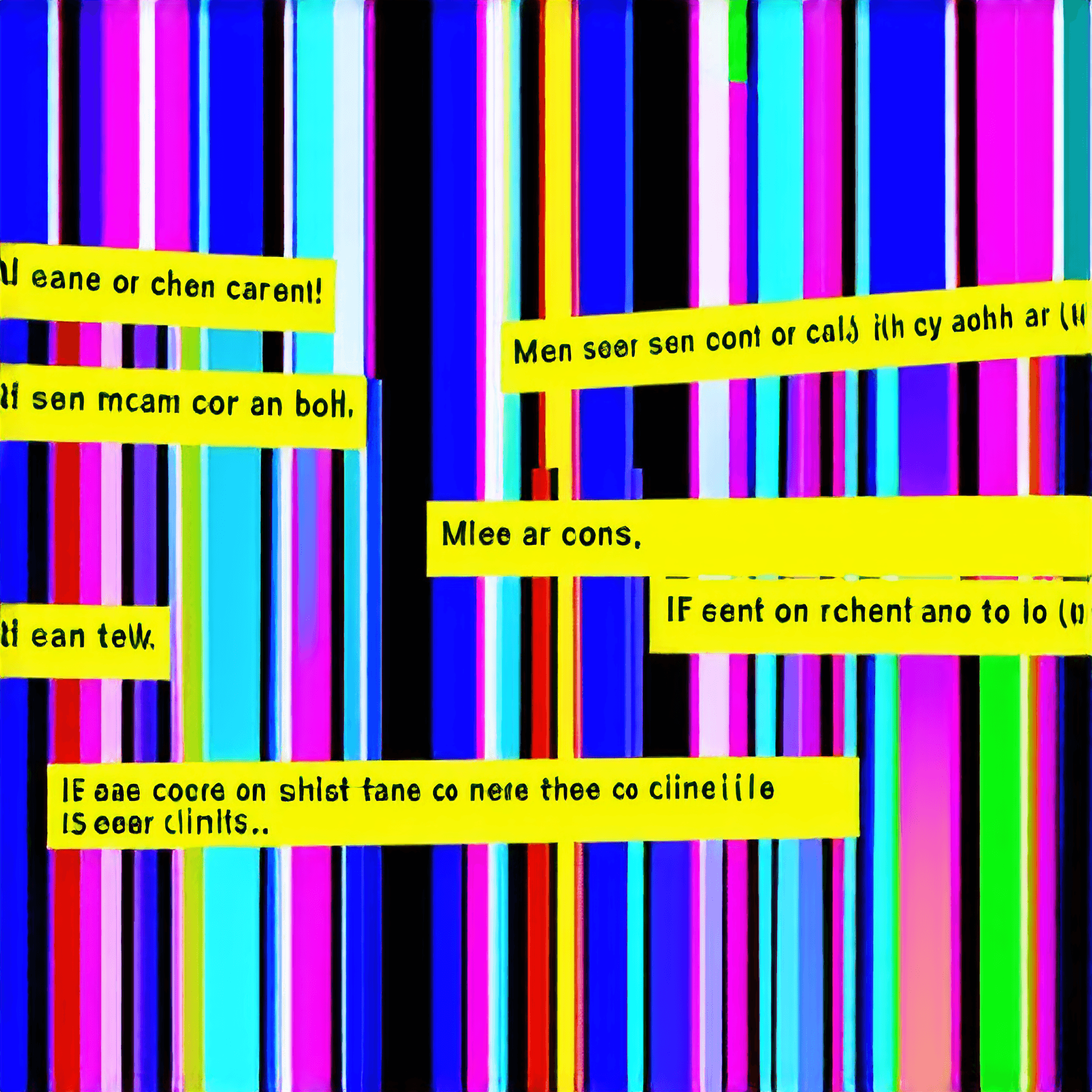 Lines of gibberish text overlaid atop a background of multicolored vertical stripes.