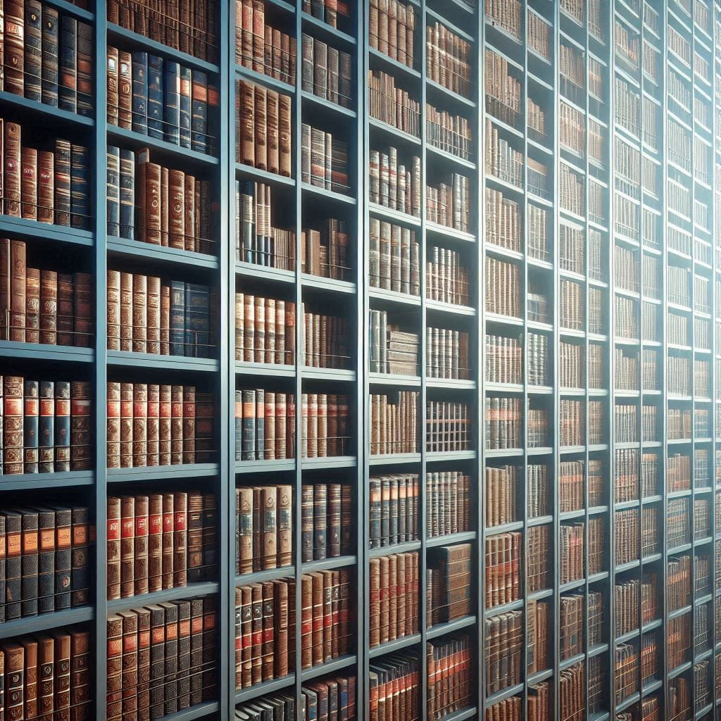 A grid of shelves containing hundreds of books.