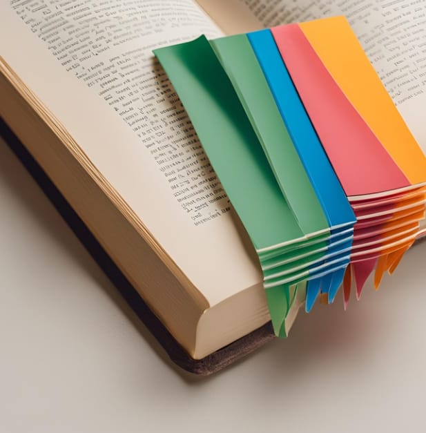 An open book with colorful bookmarks atop the open pages.